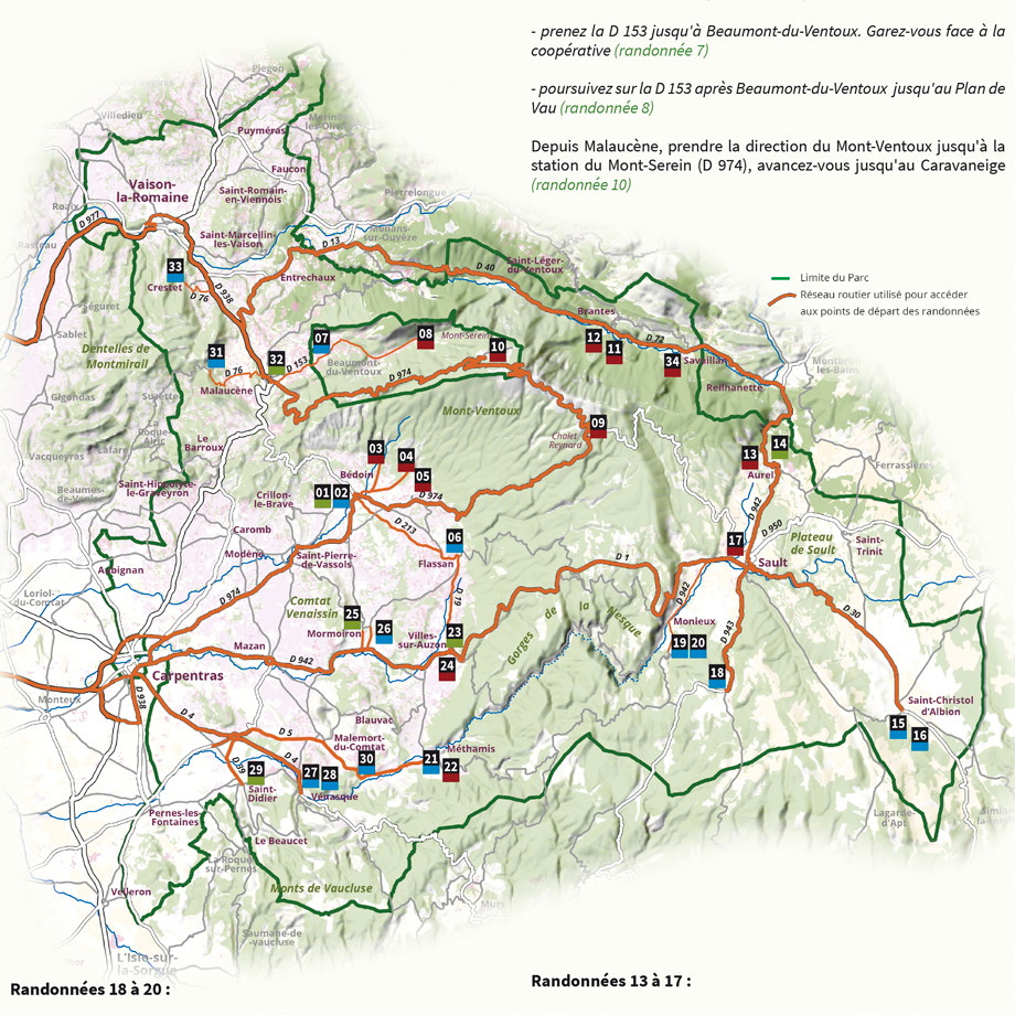 carte de localisation des randonnées autour du Mont-Ventoux