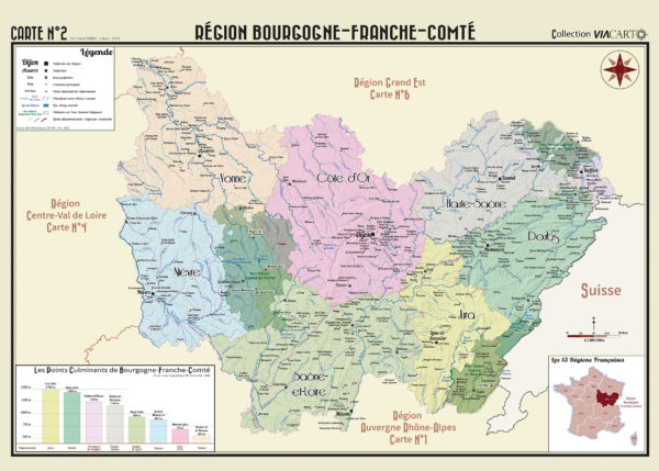 présentation de la carte géographique de la région Bourgogne Franche-Comté au format 70 x 50 cm