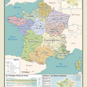 Carte murale de la France métropolitaine style vintage avec régions et départements